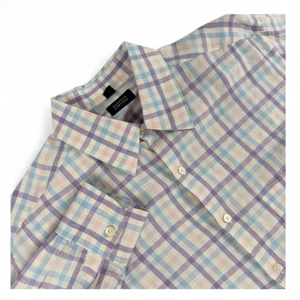 Barneys New York Shirt Mens XL Multicolor Plaid L/S Button‎ Down Linen Italy